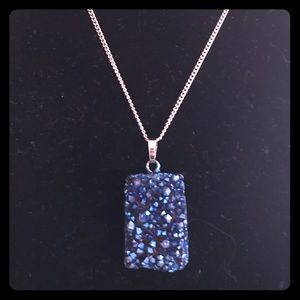 Blue Druzy Lapis Stone Silver Chain Necklace